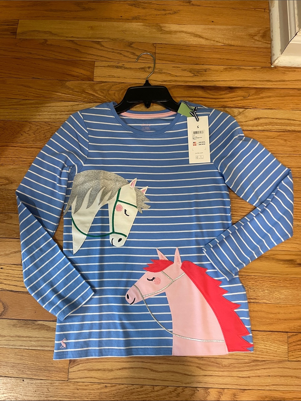 Joules Blue & White Striped Long-Sleeve Top with Pink and Silver Horse Appliqués